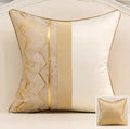 Sand satin patchwork pillow cover with gold stripe and gold chevron jacquard, back shown in inset
