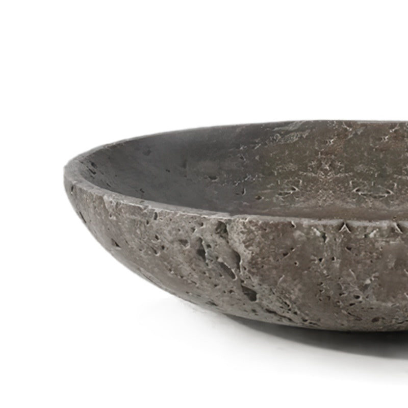 Silver gray travertine bowl — close view of the pitted outer wall and rim