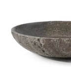 Silver gray travertine bowl — close view of the pitted outer wall and rim