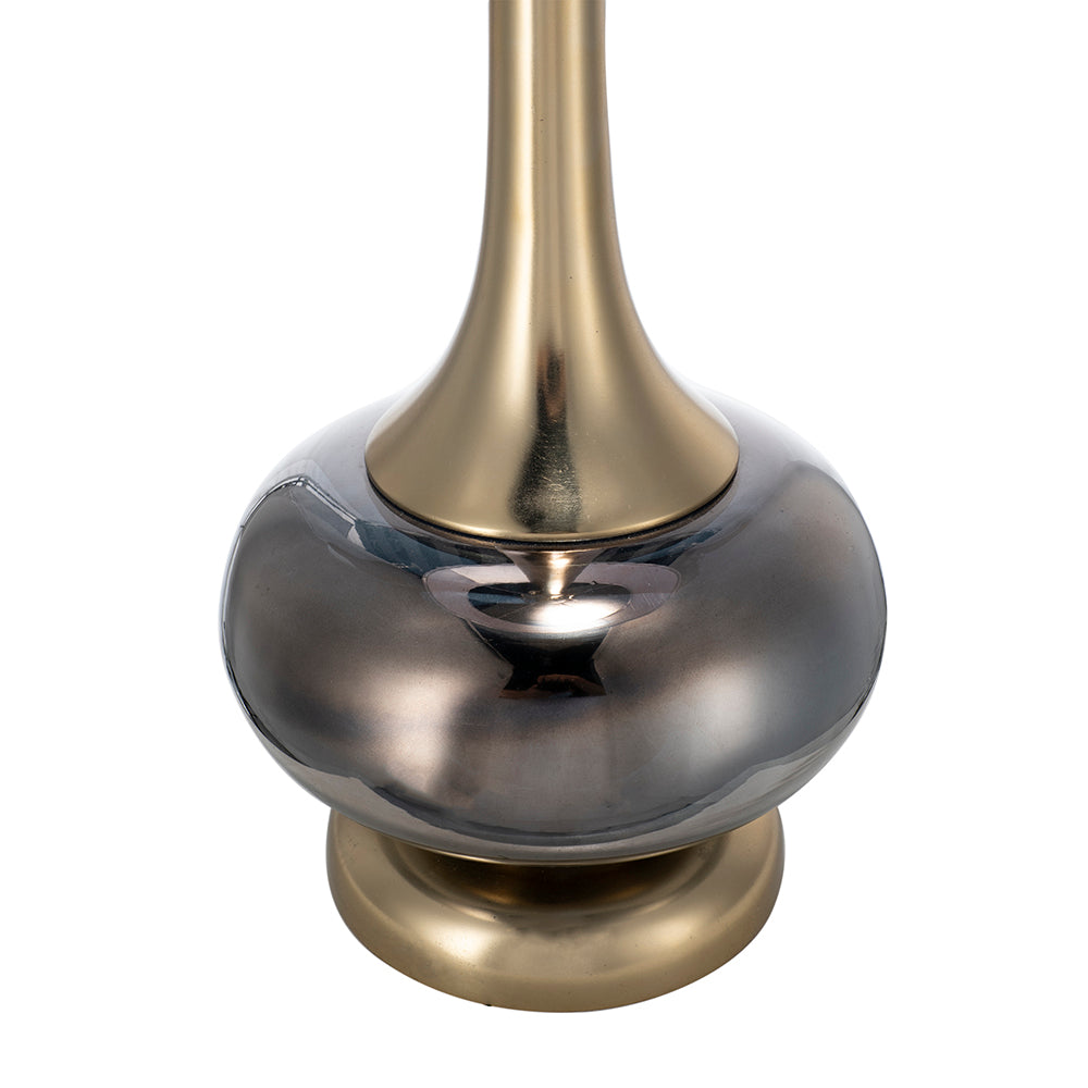 Smoked glass gourd table lamp — detail of the mirrored glass body and gold-tone foot