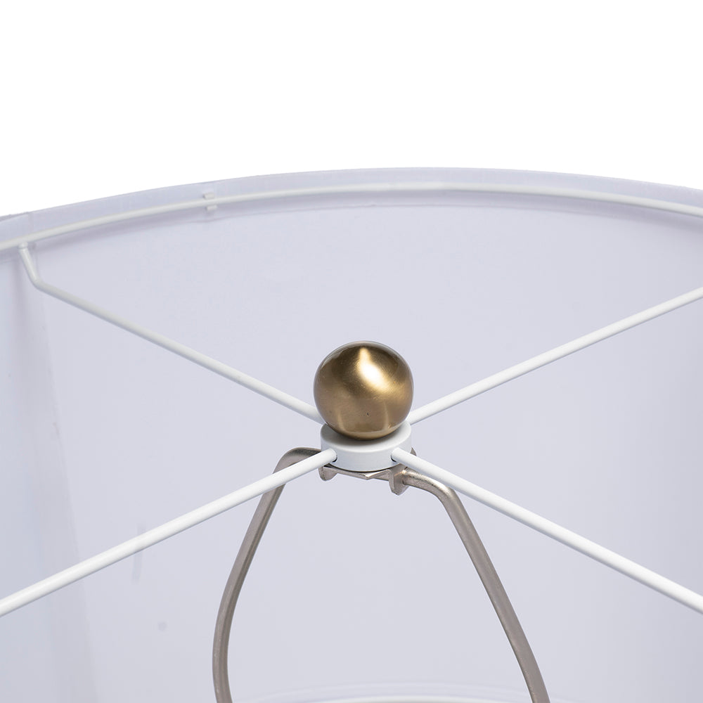 Smoked glass gourd table lamp — detail of the gold-tone finial inside the white drum shade