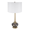 Smoked glass gourd table lamp with gold-tone neck and white drum shade on a plain white background