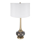 Smoked glass gourd table lamp with gold-tone neck and white drum shade on a plain white background