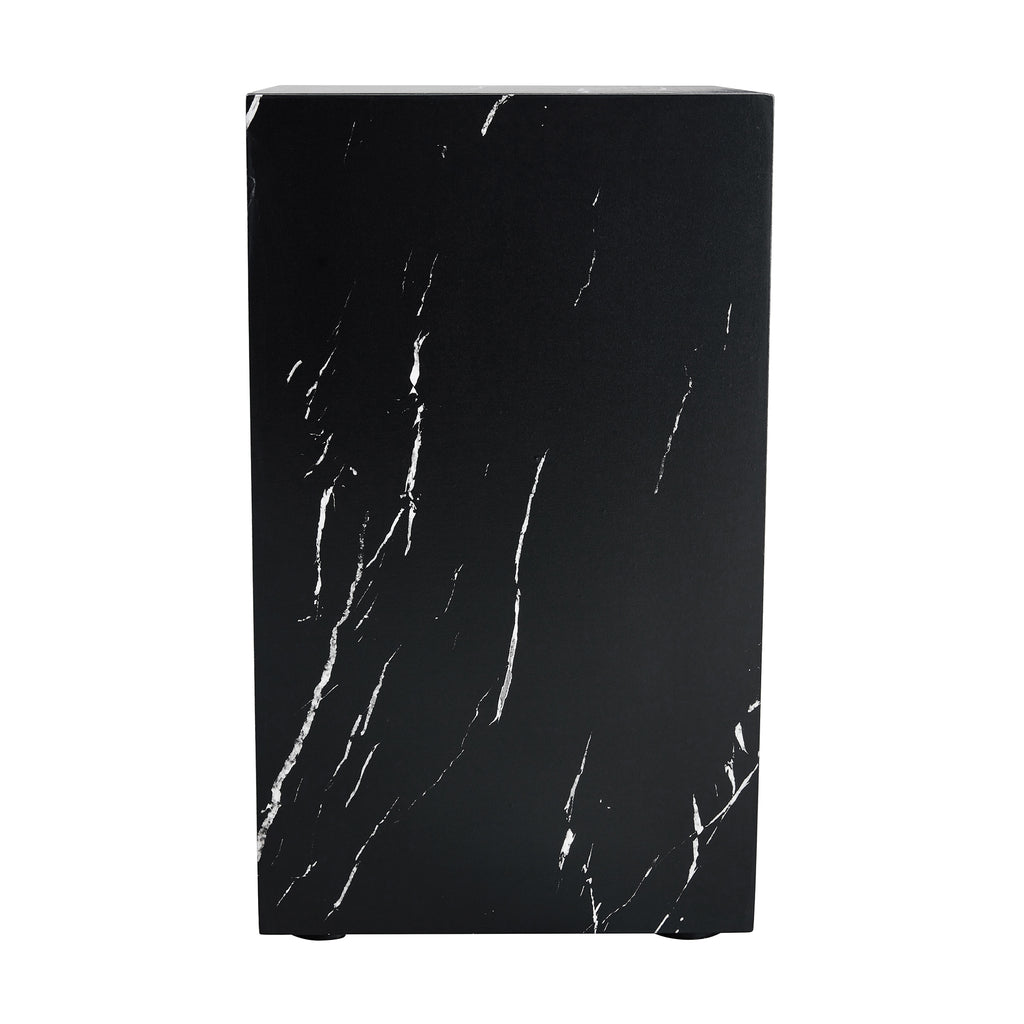 Black faux marble pedestal side table, straight-on view, on a plain white background