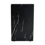 Black faux marble pedestal side table, straight-on view, on a plain white background