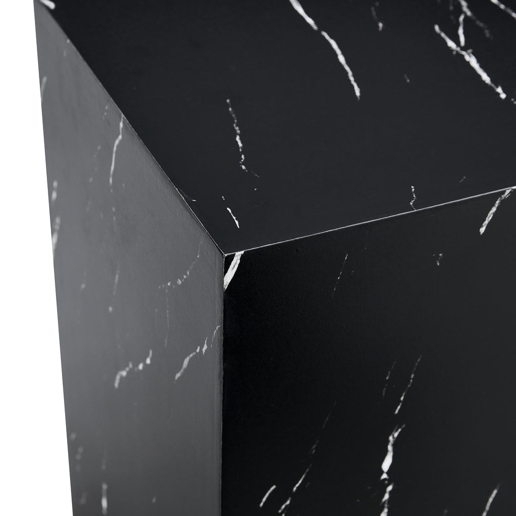 Faux marble pedestal side table — detail of the white veining at the top corner