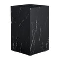 Square black faux marble pedestal side table with white veining, on a plain white background