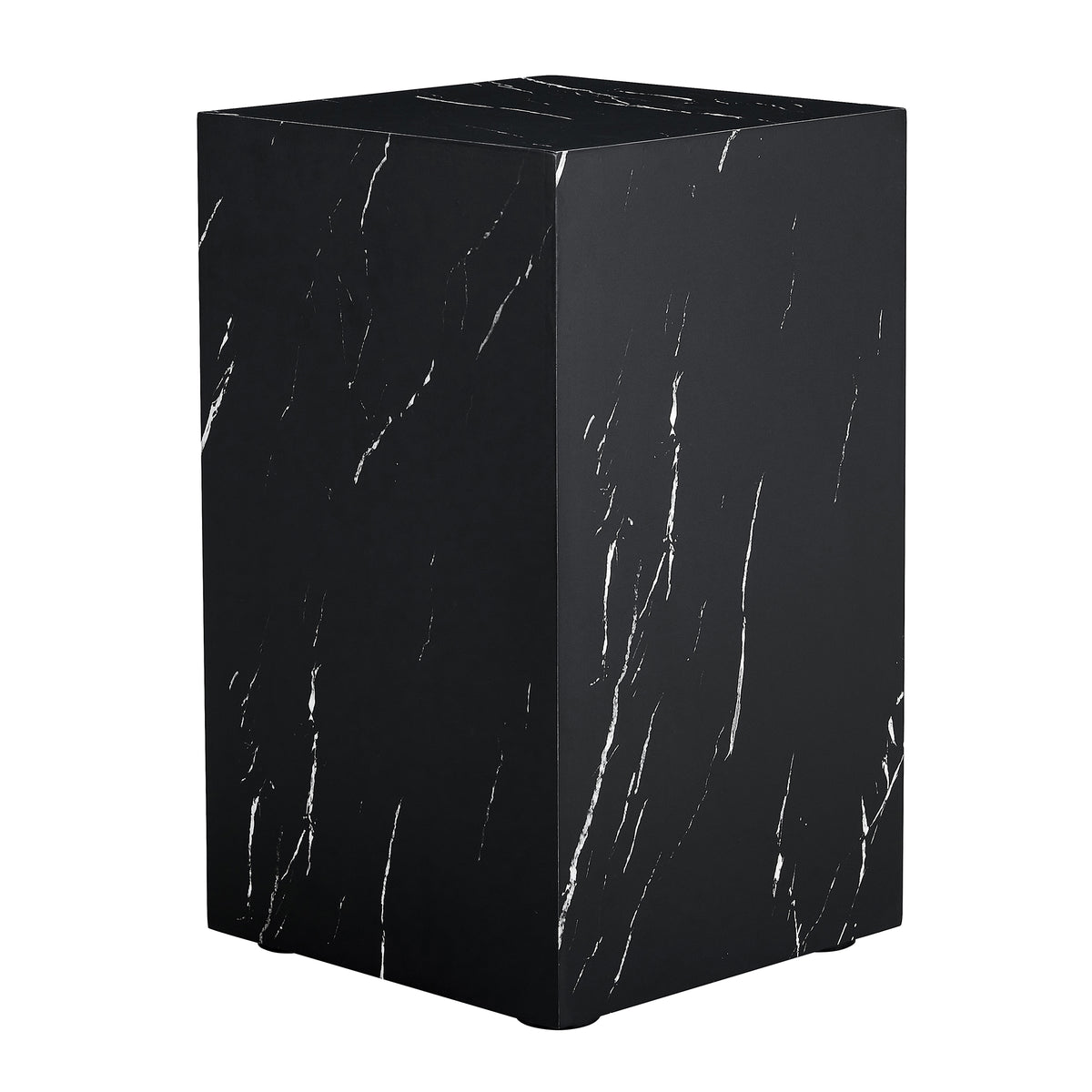 Square black faux marble pedestal side table with white veining, on a plain white background