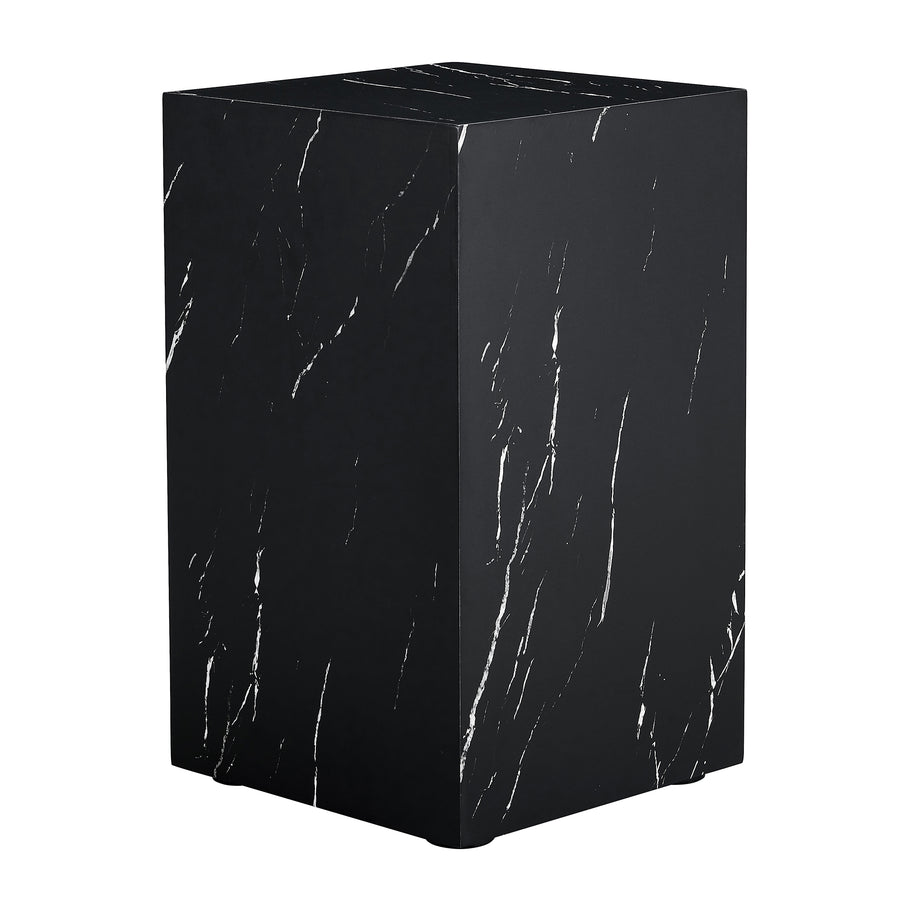 Square black faux marble pedestal side table with white veining, on a plain white background