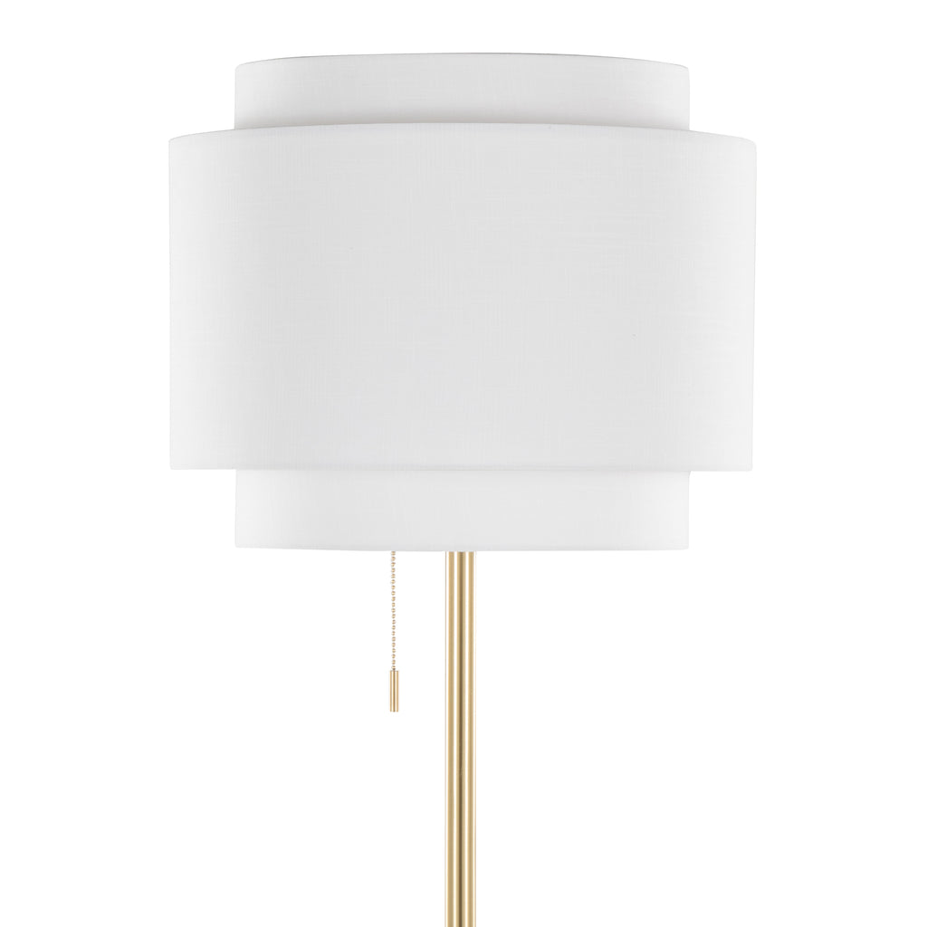 Tiered linen shade floor lamp — detail of the two-layer off-white drum shade and pull chain