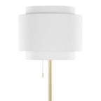 Tiered linen shade floor lamp — detail of the two-layer off-white drum shade and pull chain