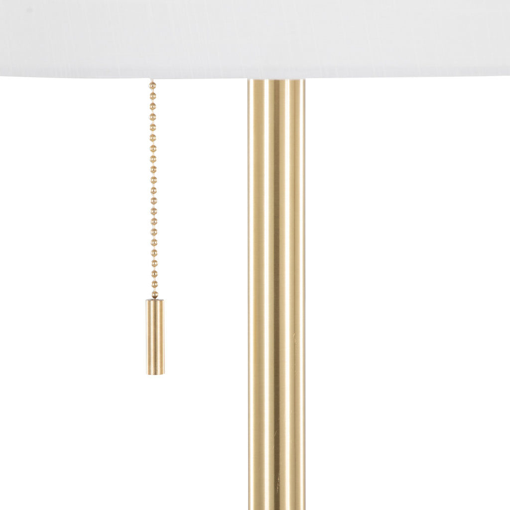Gold floor lamp — detail of the slim stem and bead pull chain under the linen shade