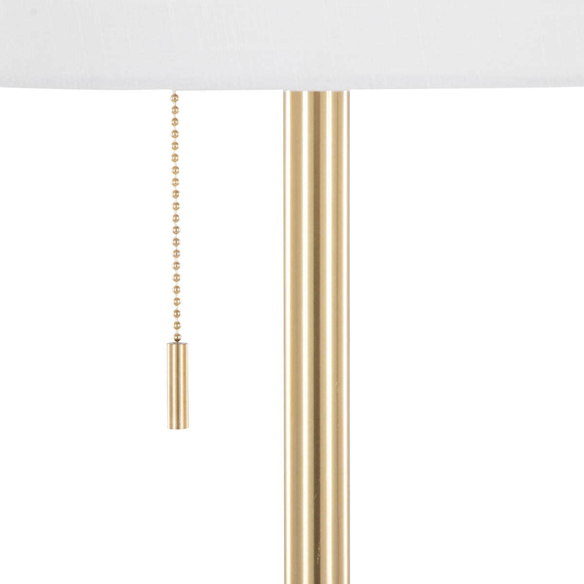 Gold floor lamp — detail of the slim stem and bead pull chain under the linen shade