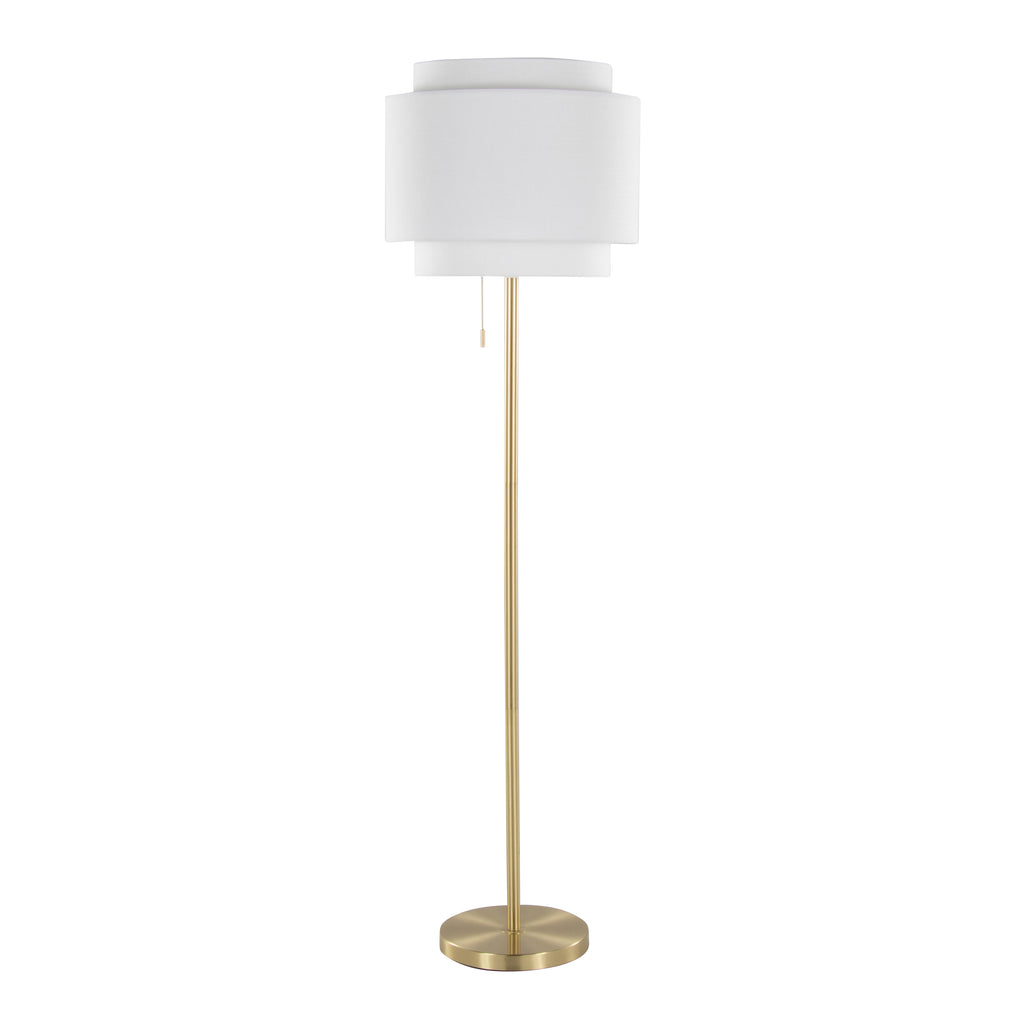 Tiered linen shade floor lamp with slim gold stem and round base on a plain white background