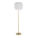 Tiered linen shade floor lamp with slim gold stem and round base on a plain white background