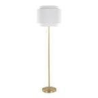 Tiered linen shade floor lamp with slim gold stem and round base on a plain white background