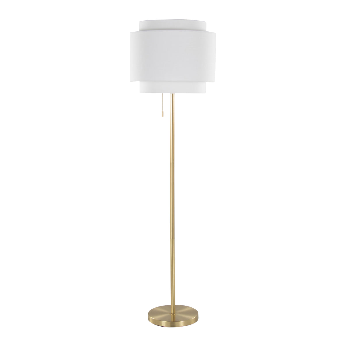 Tiered linen shade floor lamp with slim gold stem and round base on a plain white background