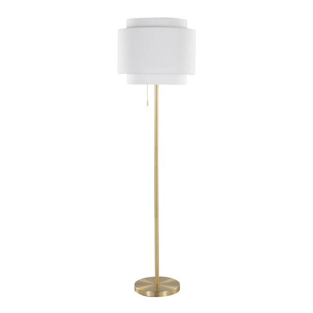 Tiered linen shade floor lamp with slim gold stem and round base on a plain white background