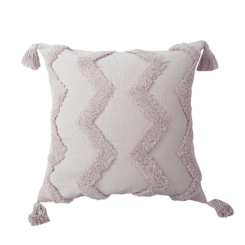 Square cream tufted pillow cover, zigzag pattern, on a white background