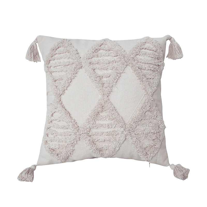Square cream tufted pillow cover, diamond lattice pattern, on a white background