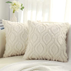 Tufted ogee plush pillow cover in beige, two square pillows on a cream sofa by a sheer curtain