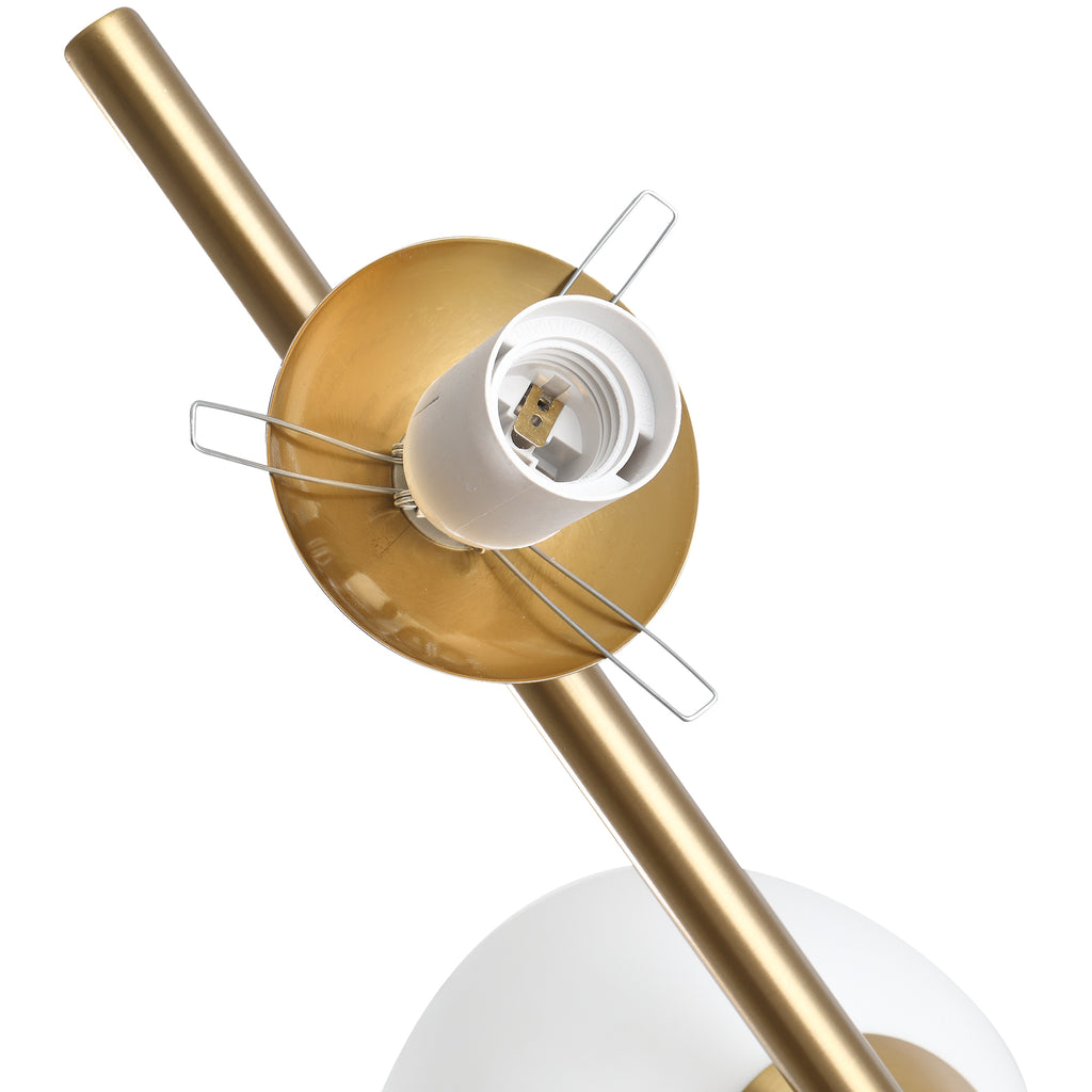 Twin globe floor lamp — detail of the gold-tone holder and E26 socket with the globe removed