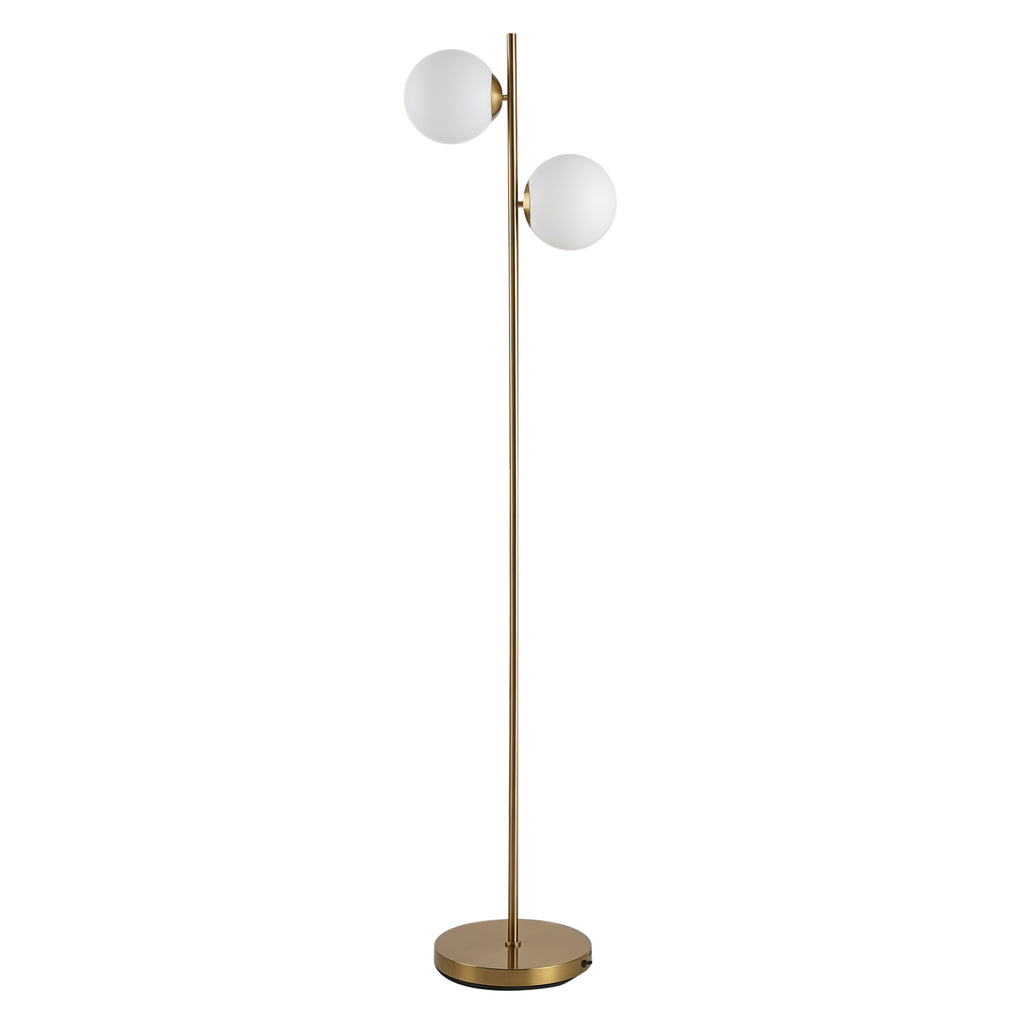 Twin globe floor lamp with white glass shades and a gold-tone steel pole on a plain white background