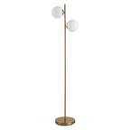 Twin globe floor lamp with white glass shades and a gold-tone steel pole on a plain white background
