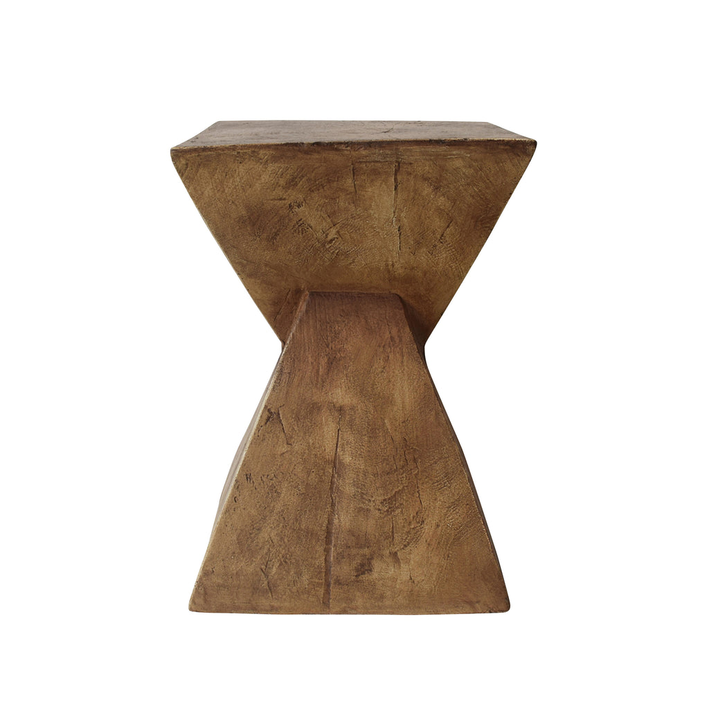Twisted hourglass side table, straight-on view on a plain white background