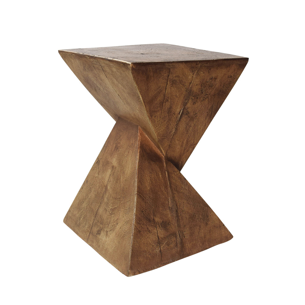 Twisted hourglass side table in a wood-look finish on a plain white background