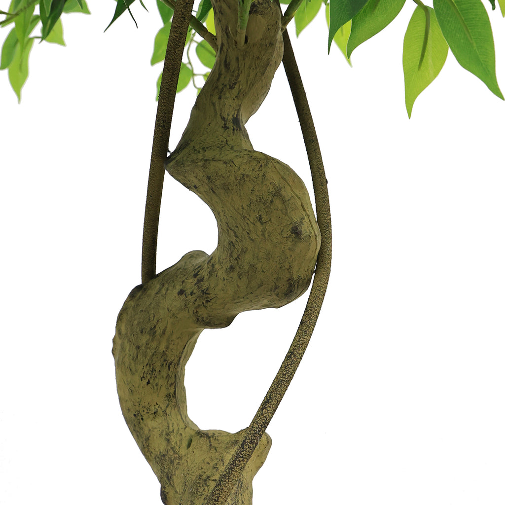Twisted faux ficus trunk wrapped with thin vines — detail of the bark texture