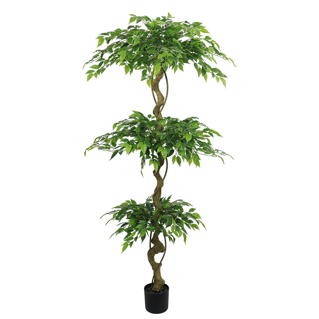 Twisted trunk faux ficus tree with three leaf tiers in a black planter on a plain white background