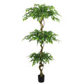 Twisted trunk faux ficus tree with three leaf tiers in a black planter on a plain white background