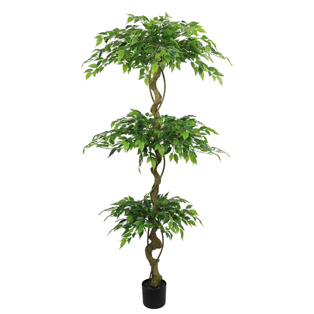 Twisted trunk faux ficus tree with three leaf tiers in a black planter on a plain white background