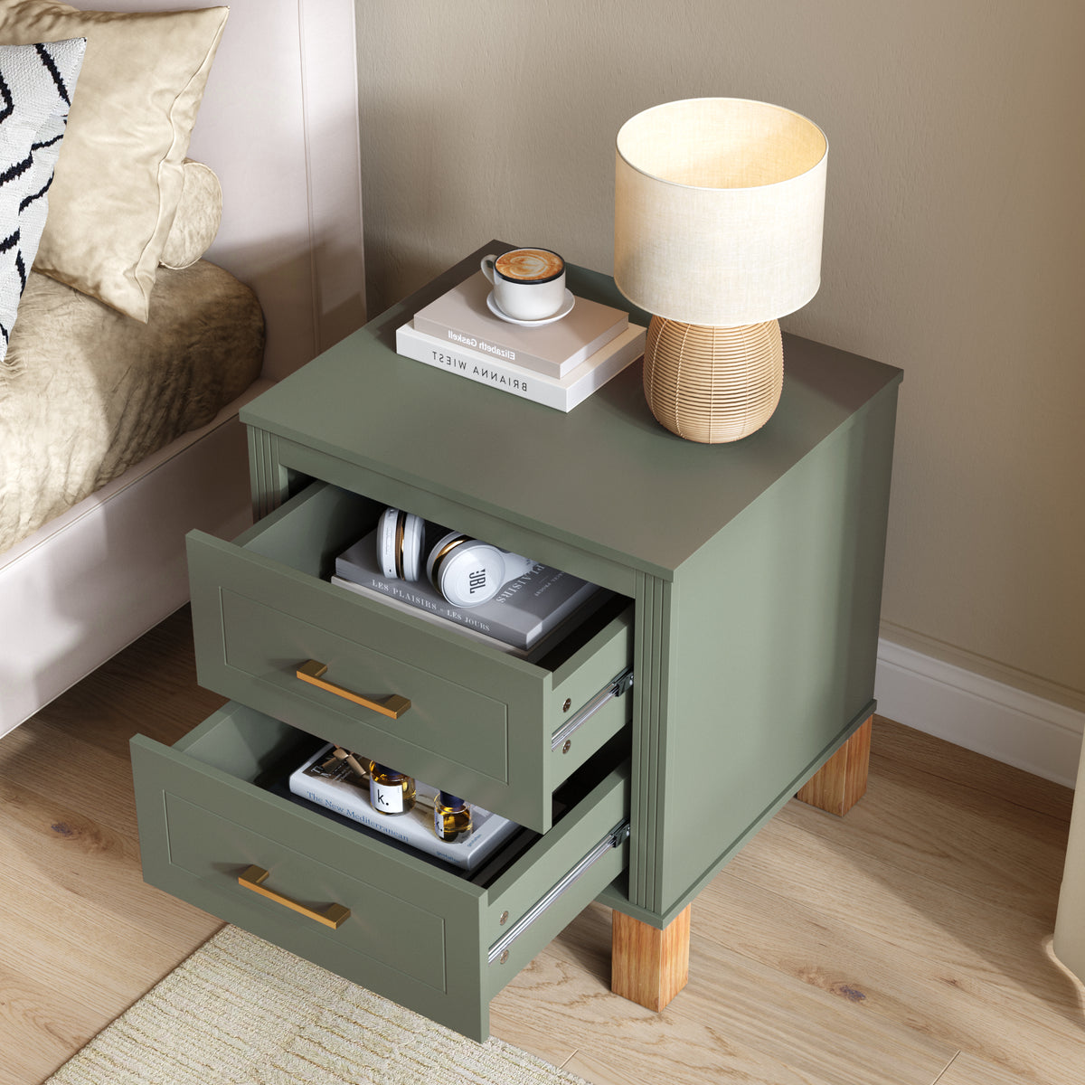 Olive green nightstand with both drawers open beside a bed