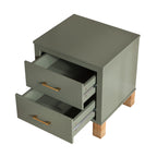 Olive green two-drawer nightstand with both drawers pulled out on metal slides
