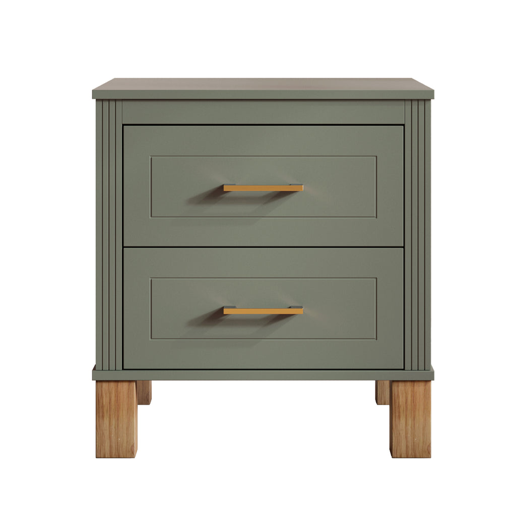 Olive green nightstand front view — detail of the reeded trim and gold-tone pulls
