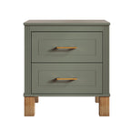 Olive green nightstand front view — detail of the reeded trim and gold-tone pulls