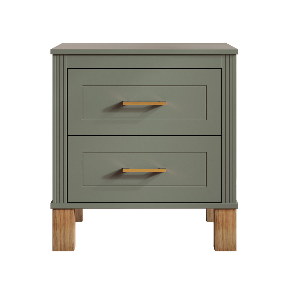 Olive green nightstand front view — detail of the reeded trim and gold-tone pulls