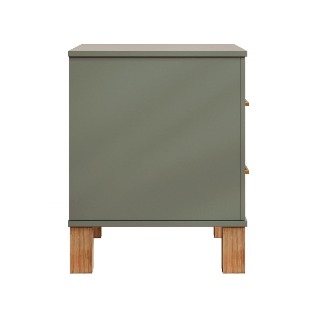 Olive green nightstand — side view with square solid wood legs