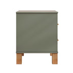 Olive green nightstand — side view with square solid wood legs