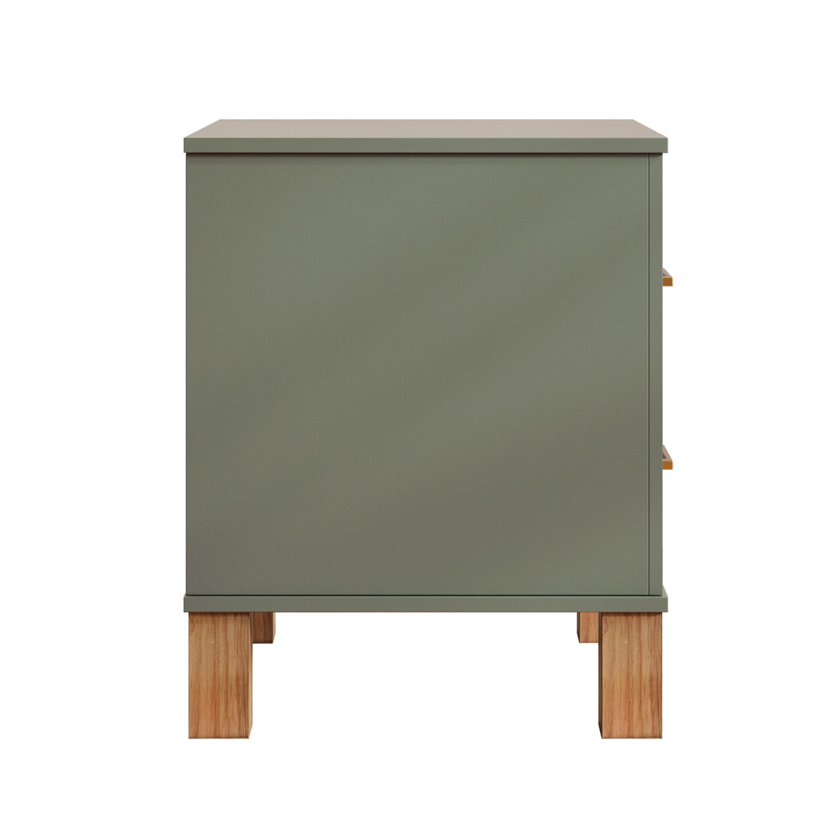 Olive green nightstand — side view with square solid wood legs