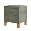 Olive green two-drawer nightstand with reeded trim and wood legs on a plain white background