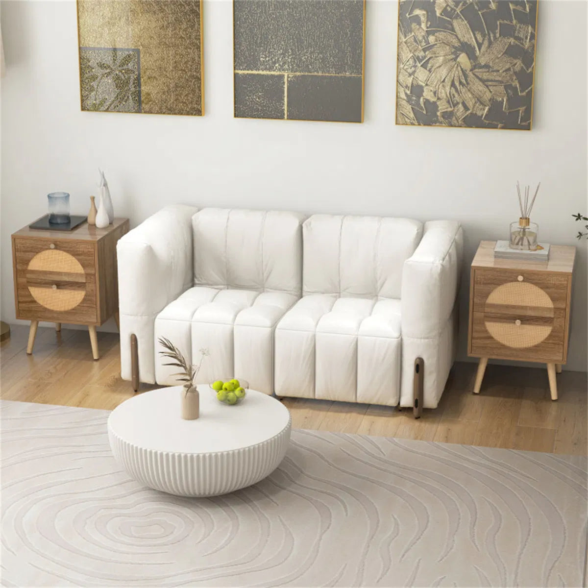 Pair of rattan nightstands flanking a white sofa in a living room