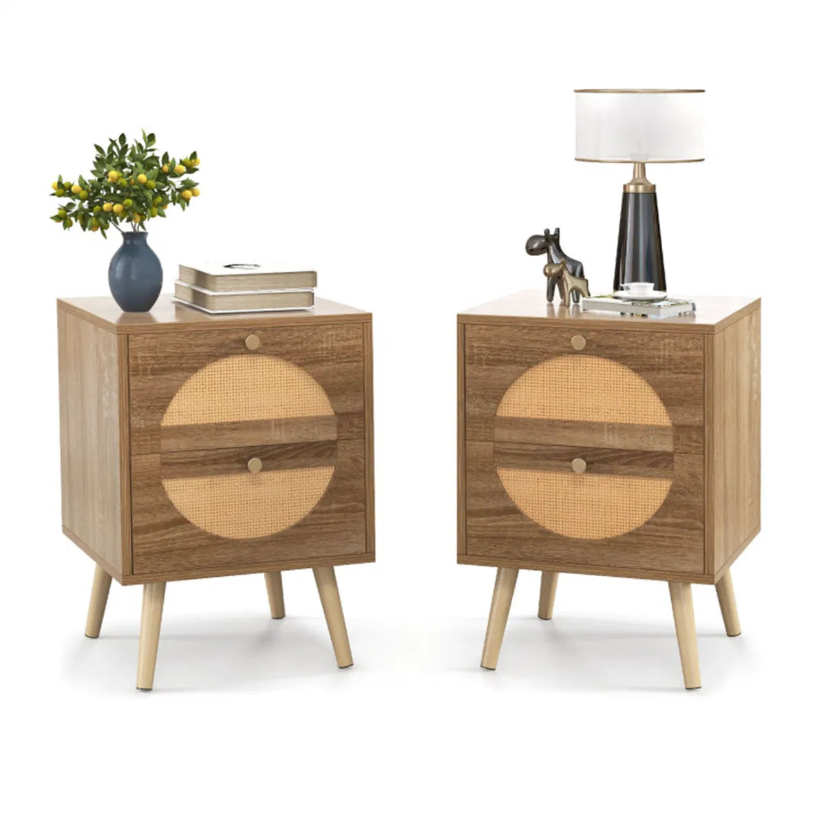 Two rattan nightstands styled with a lamp, books and a vase on a white background