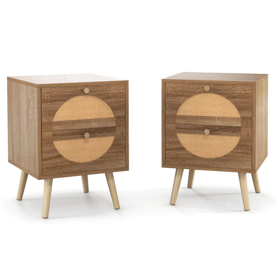 Set of two rattan half-moon nightstands with pine legs on a plain white background