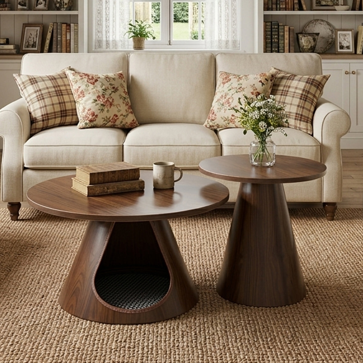 Walnut-finish cone coffee table and taller side table before a cream sofa on a jute rug