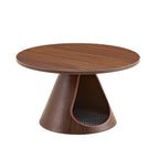 Larger cone coffee table with a teardrop cat cave opening and houndstooth cushion, on white