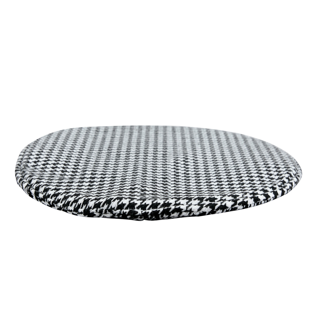 Black and white houndstooth cushion that lines the cat cave, on a plain white background
