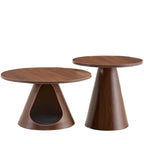 Walnut-finish cone nesting coffee tables, set of 2, with a cat cave in the larger base, on a plain white background